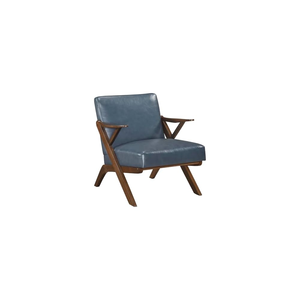 Lexicon Mid Century Modern Accent Chair, Faux Leather Upholstered Lounge Seat, Brown Finish Solid Wood Framed Comfy Side Chair for Living Room/Bedroom/Office/Waiting Area, Blue