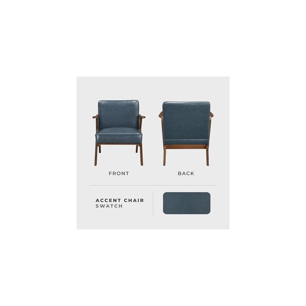 Lexicon Mid Century Modern Accent Chair, Faux Leather Upholstered Lounge Seat, Brown Finish Solid Wood Framed Comfy Side Chair for Living Room/Bedroom/Office/Waiting Area, Blue