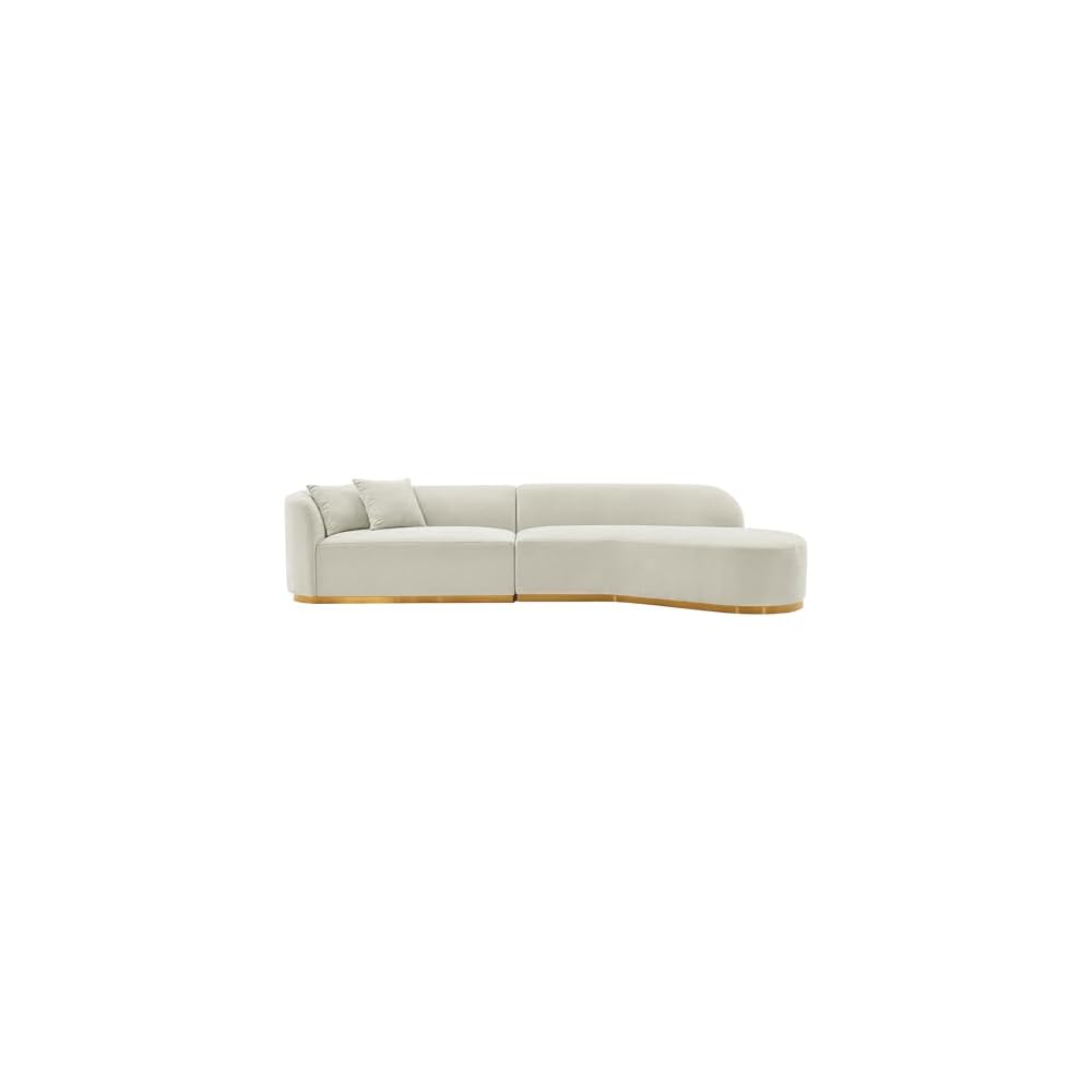 Manhattan Comfort Daria Contemporary 2-Piece Sectional Couch in Linen Upholstery, 132-Inch Living Room Sofa with Pine Wood Frame, Metal Base, High-Density Foam Padding & 2 Accent Pillows, Ivory