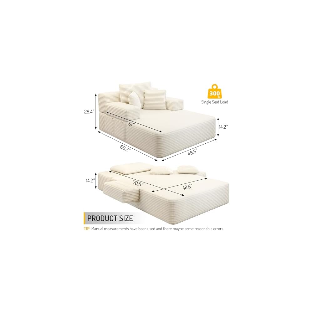 48.5'' Oversized Chaise Lounge Indoor, Corduroy Boneless Couch, Beige