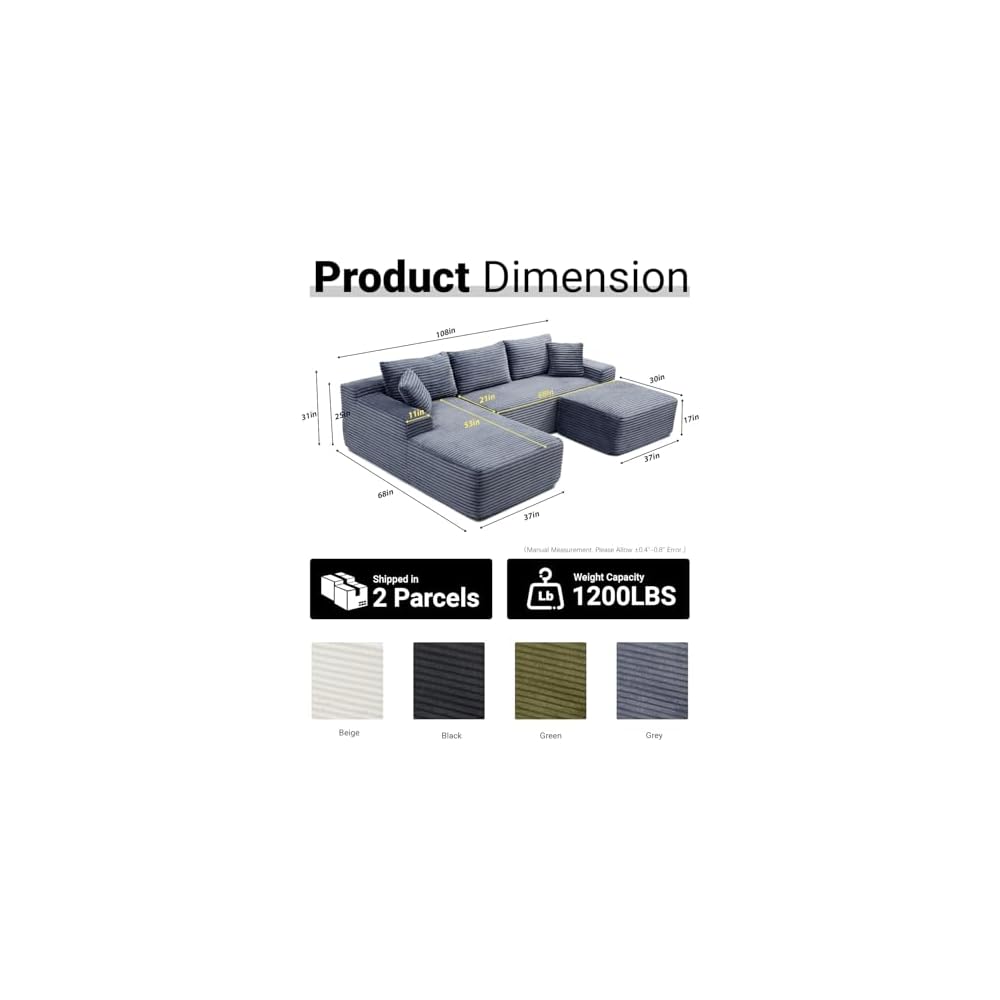 Boneless Sectional Couch, 108 Inch Modular Sectional Sofa with Deep Seat, Corduroy U-Shape Cloud Couches with Right Chaise for Living Room, No Assembly Required(Grey, Right Facing Chaise)