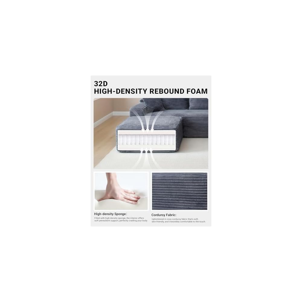Boneless Sectional Couch, 108 Inch Modular Sectional Sofa with Deep Seat, Corduroy U-Shape Cloud Couches with Right Chaise for Living Room, No Assembly Required(Grey, Right Facing Chaise)