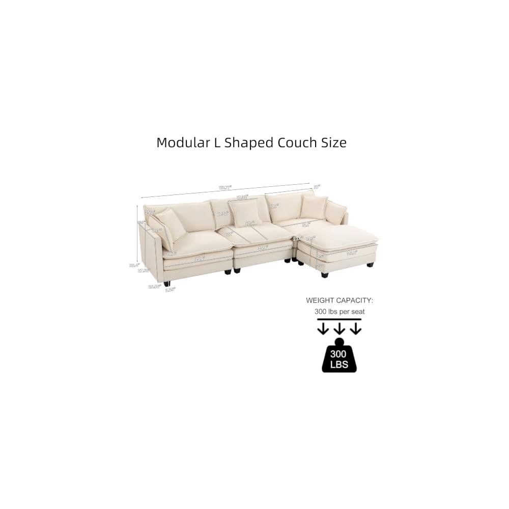 113" Modular L Shaped Cloud Couch Sectional Sofa with Chaise