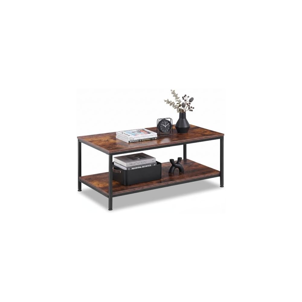 SUPER DEAL 2-Tier Industrial Coffee Table with Storage Shelf for Small Apartment Living Room, Rectangle Wood and Stable Metal TV Stand Side End Table, Rustic Brown