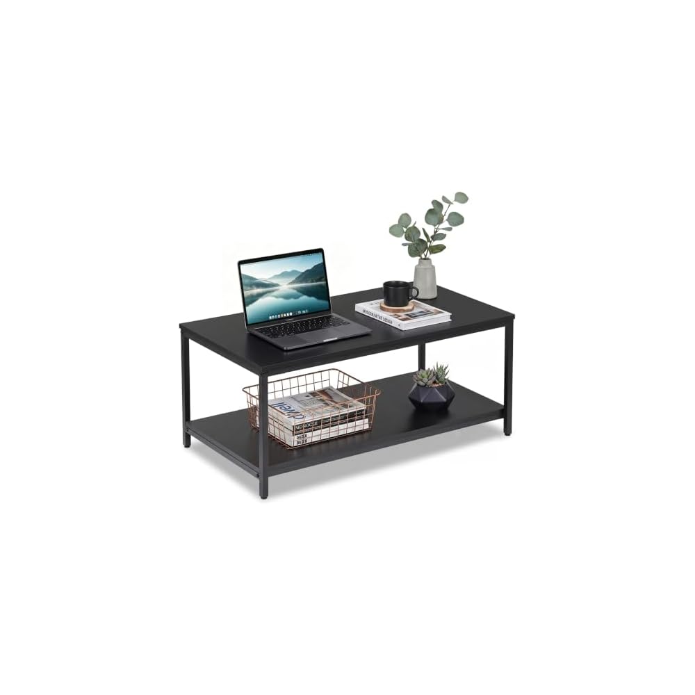 SUPER DEAL 2-Tier Industrial Coffee Table with Storage Shelf for Small Apartment Living Room, Rectangle Wood and Stable Metal TV Stand Side End Table, Rustic Brown