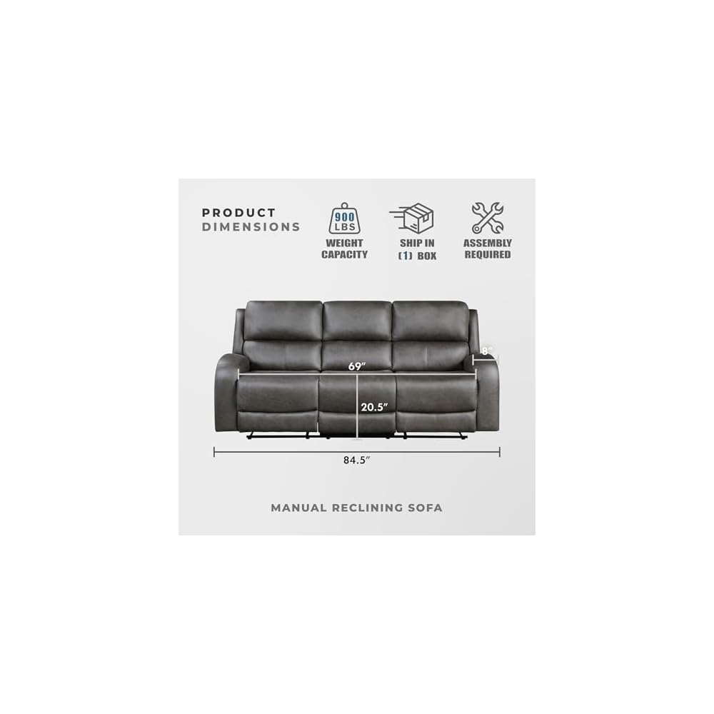 Lexicon 84.5" Polished Microfiber Manual Double Reclining Sofa, Gray