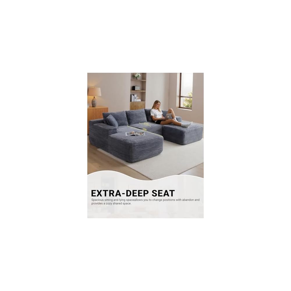 Boneless Sectional Couch, 108 Inch Modular Sectional Sofa with Deep Seat, Corduroy U-Shape Cloud Couches with Right Chaise for Living Room, No Assembly Required(Grey, Right Facing Chaise)
