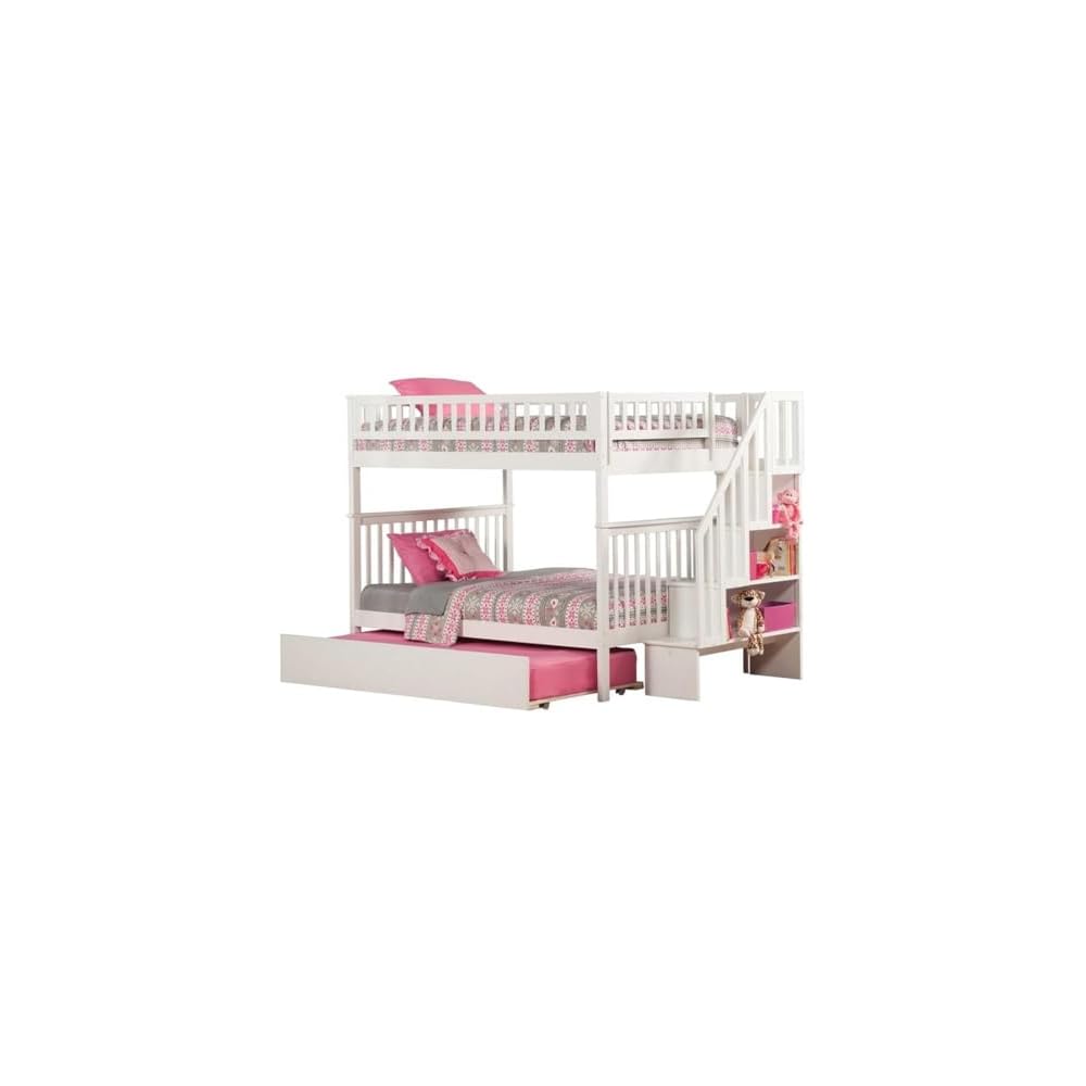 BOWERY HILL Traditional Solid Wood Full Over Full Bunk Bed with Trundle, White Finish, Mission Style, Sturdy Construction, Built-in Staircase Storage, Kid-Friendly Design, Ideal for Bedroom