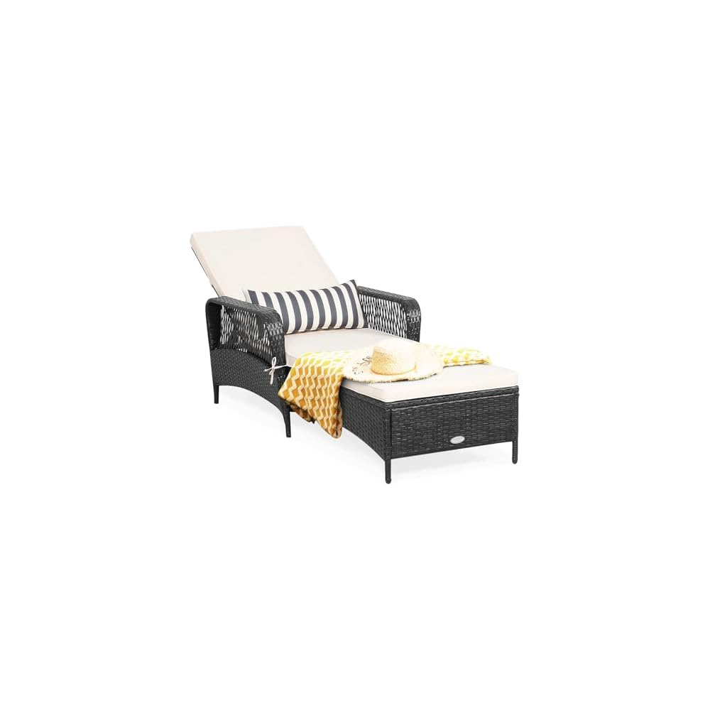 HAPPYGRILL Patio Chaise Lounge Chair Outdoor Rattan Wicker Recliner