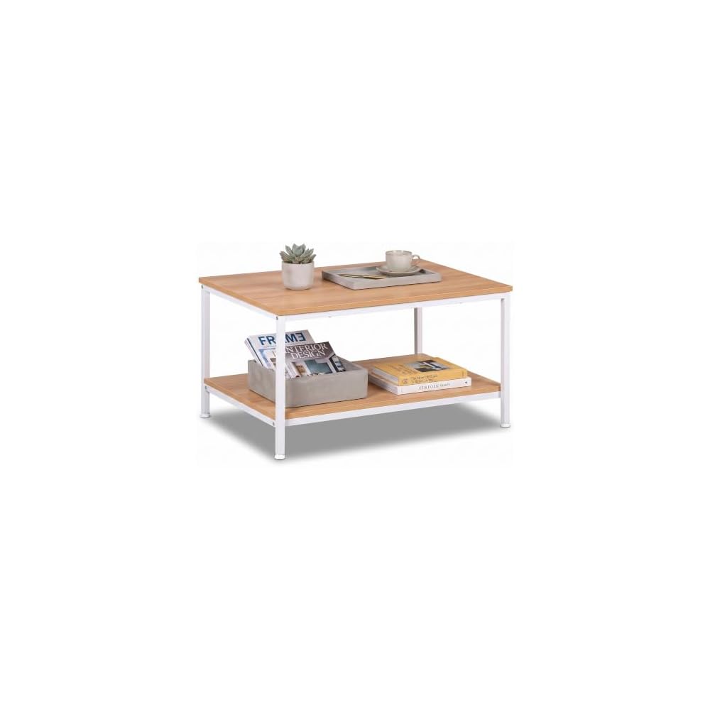 SUPER DEAL 2-Tier Industrial Coffee Table with Storage Shelf for Small Apartment Living Room, Rectangle Wood and Stable Metal TV Stand Side End Table, Rustic Brown