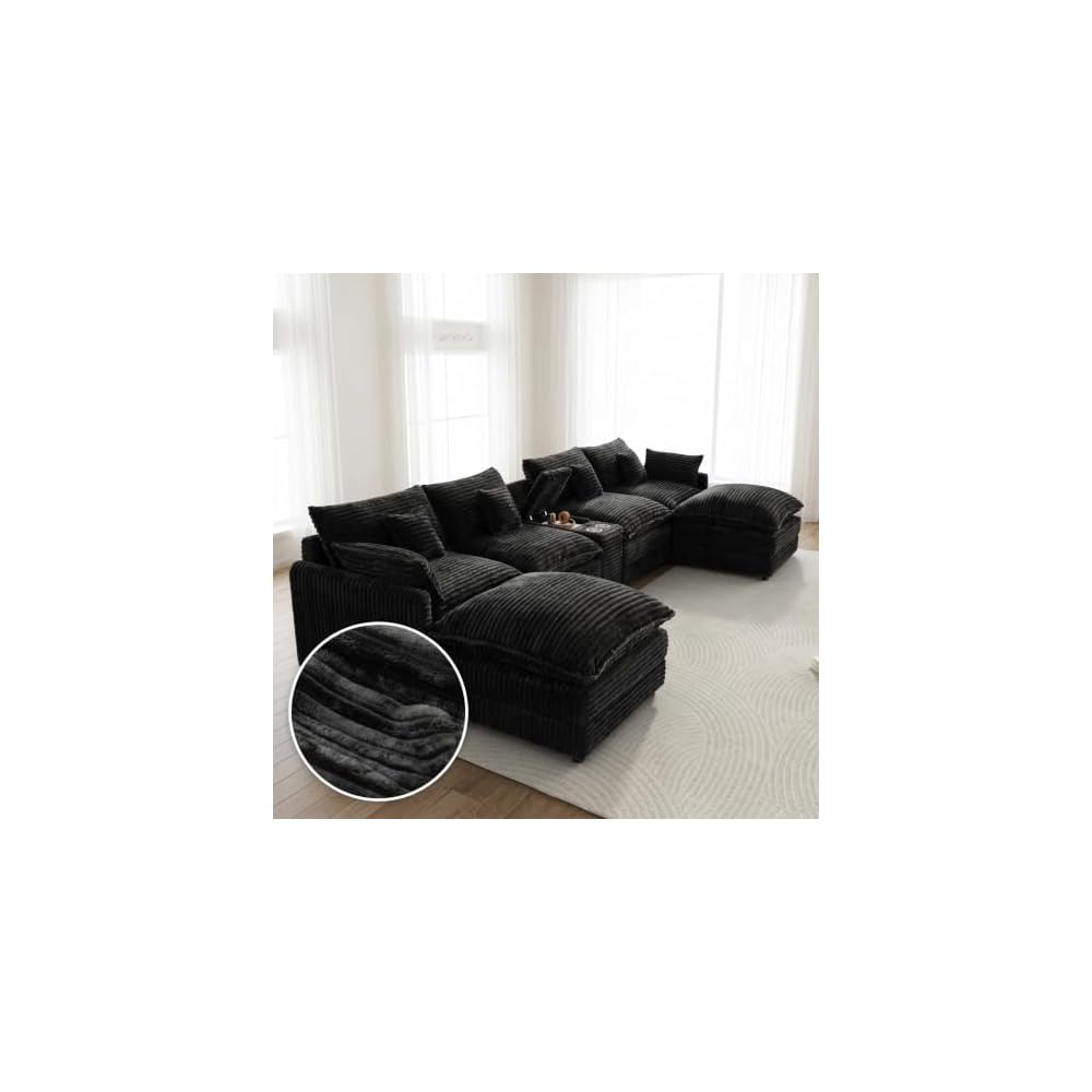 KEIKI 141-Inch U Shaped Corduroy Cloud Couch, 6 Seat Sofa Set, Black