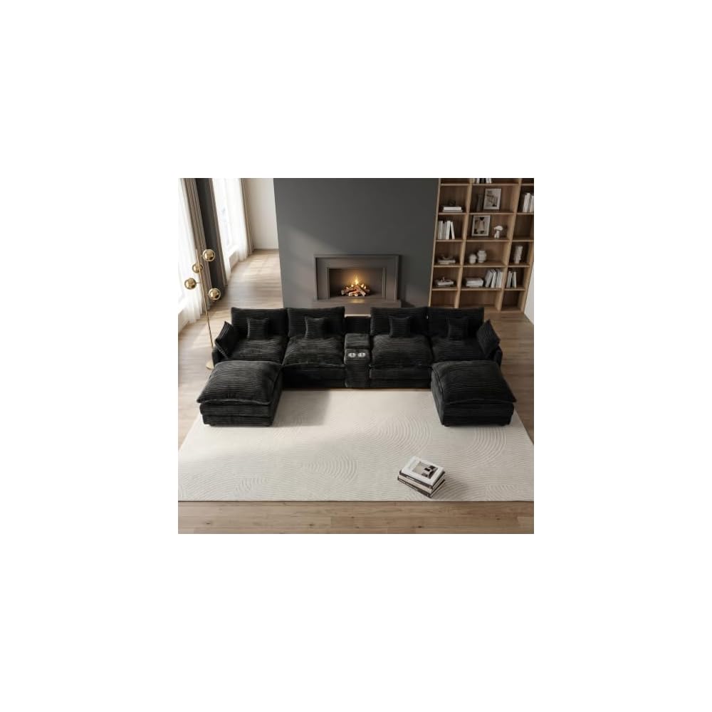 KEIKI 141-Inch U Shaped Corduroy Cloud Couch, 6 Seat Sofa Set, Black