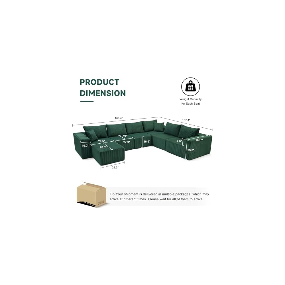 U-Shaped Boneless Couch, Cloud Couch Sectional, Modular Sofa with Deep Seat, Convertible Sectional Couches for Living Room, Plush Corduroy U Shaped Boneless Couch (Green, 6 Seater & 1 Ottoman)