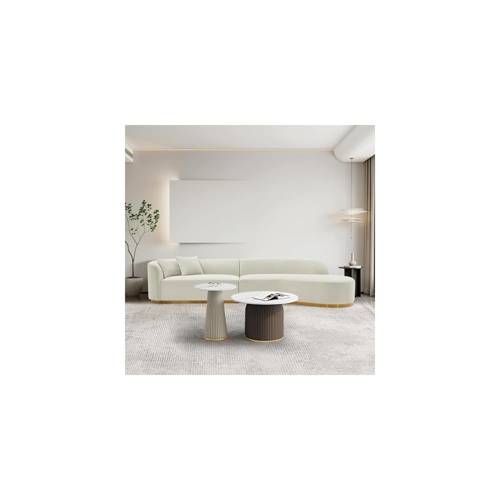 Manhattan Comfort Daria Contemporary 2-Piece Sectional Couch in Linen Upholstery, 132-Inch Living Room Sofa with Pine Wood Frame, Metal Base, High-Density Foam Padding & 2 Accent Pillows, Ivory