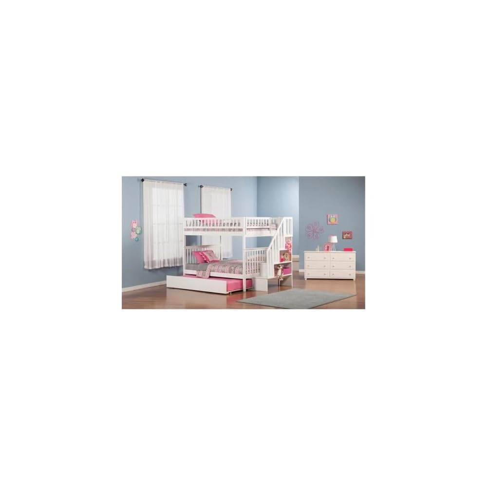BOWERY HILL Traditional Solid Wood Full Over Full Bunk Bed with Trundle, White Finish, Mission Style, Sturdy Construction, Built-in Staircase Storage, Kid-Friendly Design, Ideal for Bedroom