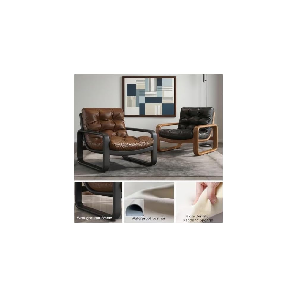 PU Leather Accent Chair Minimalist Modern Wrought Iron Armchair Metal Frame Mid-Century Ergonomic Chairs Single Lazy Sofa Lounge Chair Reading Leisure Beanbag Chairs for Living Room Bedroom Coffee