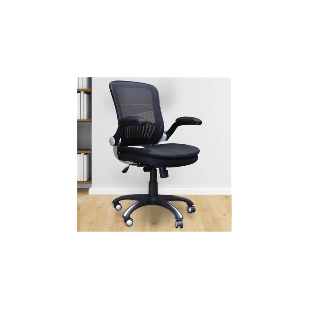 Pemberly Row 40" Transitional Polyester Desk Chair, Black Finish, Stainless Steel 5-Star Base, Swivel Glide, Flip-Up Arms, Pneumatic Height Adjustment, Ergonomic Design for Home Office