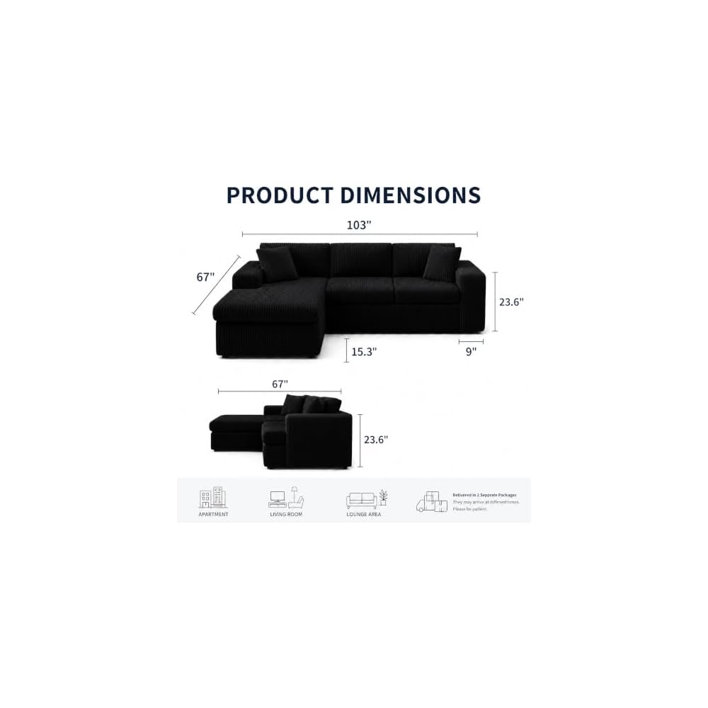 Nuturelly 103" Modular Sectional Sofa, No Assembly, Boneless Couch, Black