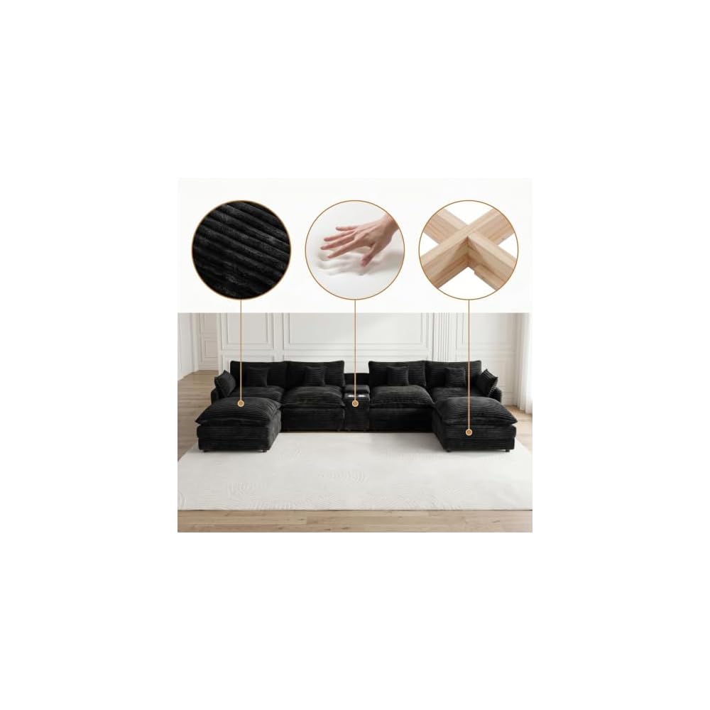 KEIKI 141-Inch U Shaped Corduroy Cloud Couch, 6 Seat Sofa Set, Black