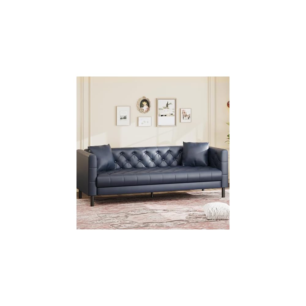 GAOMON 81" Faux Leather Couch,3 Seater Chesterfield Sofa,Button Tufted,Blue