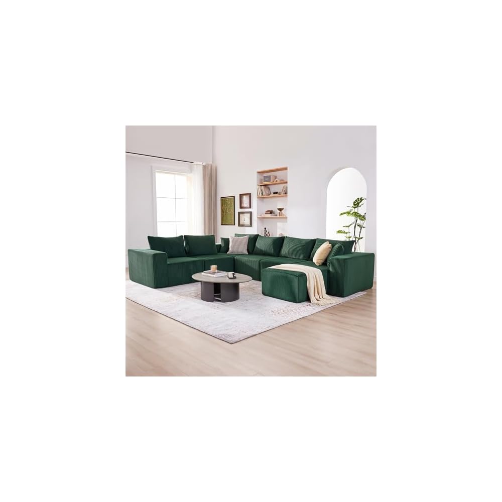 U-Shaped Boneless Couch, Cloud Couch Sectional, Modular Sofa with Deep Seat, Convertible Sectional Couches for Living Room, Plush Corduroy U Shaped Boneless Couch (Green, 6 Seater & 1 Ottoman)