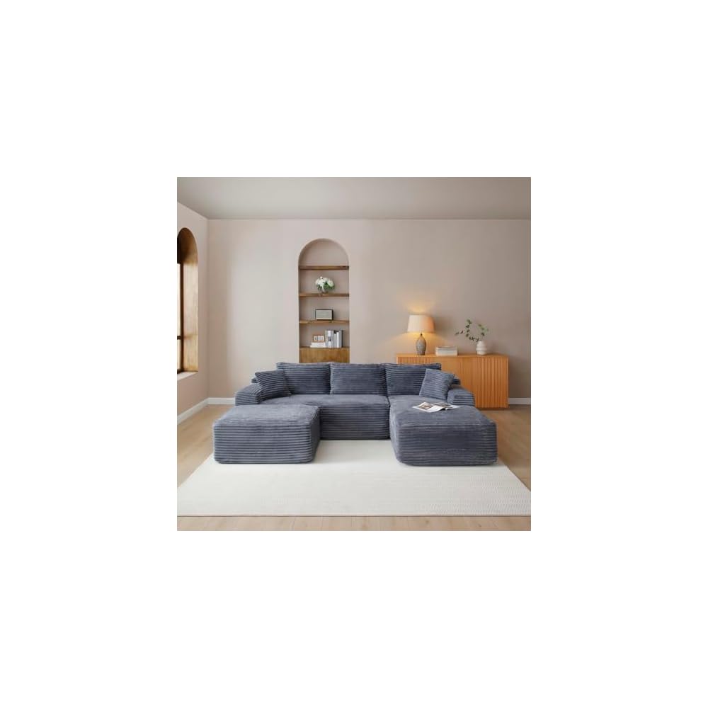 Boneless Sectional Couch, 108 Inch Modular Sectional Sofa with Deep Seat, Corduroy U-Shape Cloud Couches with Right Chaise for Living Room, No Assembly Required(Grey, Right Facing Chaise)