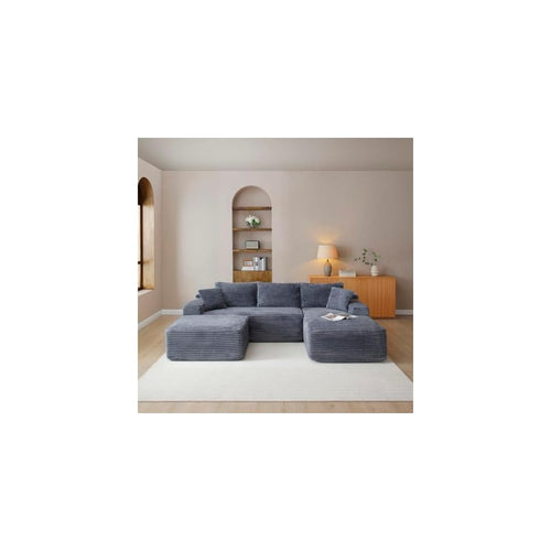 Boneless Sectional Couch, 108 Inch Modular Sectional Sofa with Deep Seat, Corduroy U-Shape Cloud Couches with Right Chaise for Living Room, No Assembly Required(Grey, Right Facing Chaise)