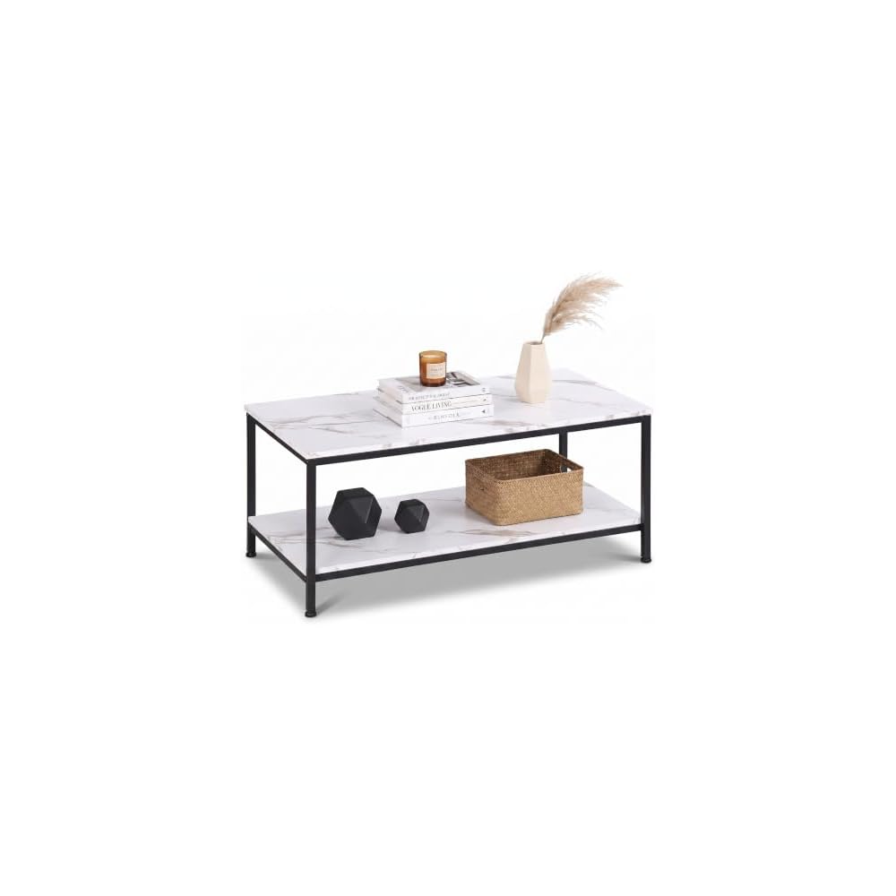 SUPER DEAL 2-Tier Industrial Coffee Table with Storage Shelf for Small Apartment Living Room, Rectangle Wood and Stable Metal TV Stand Side End Table, Rustic Brown