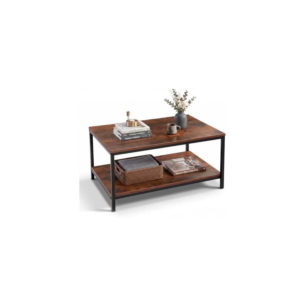 SUPER DEAL 2-Tier Industrial Coffee Table with Storage Shelf for Small Apartment Living Room, Rectangle Wood and Stable Metal TV Stand Side End Table, Rustic Brown