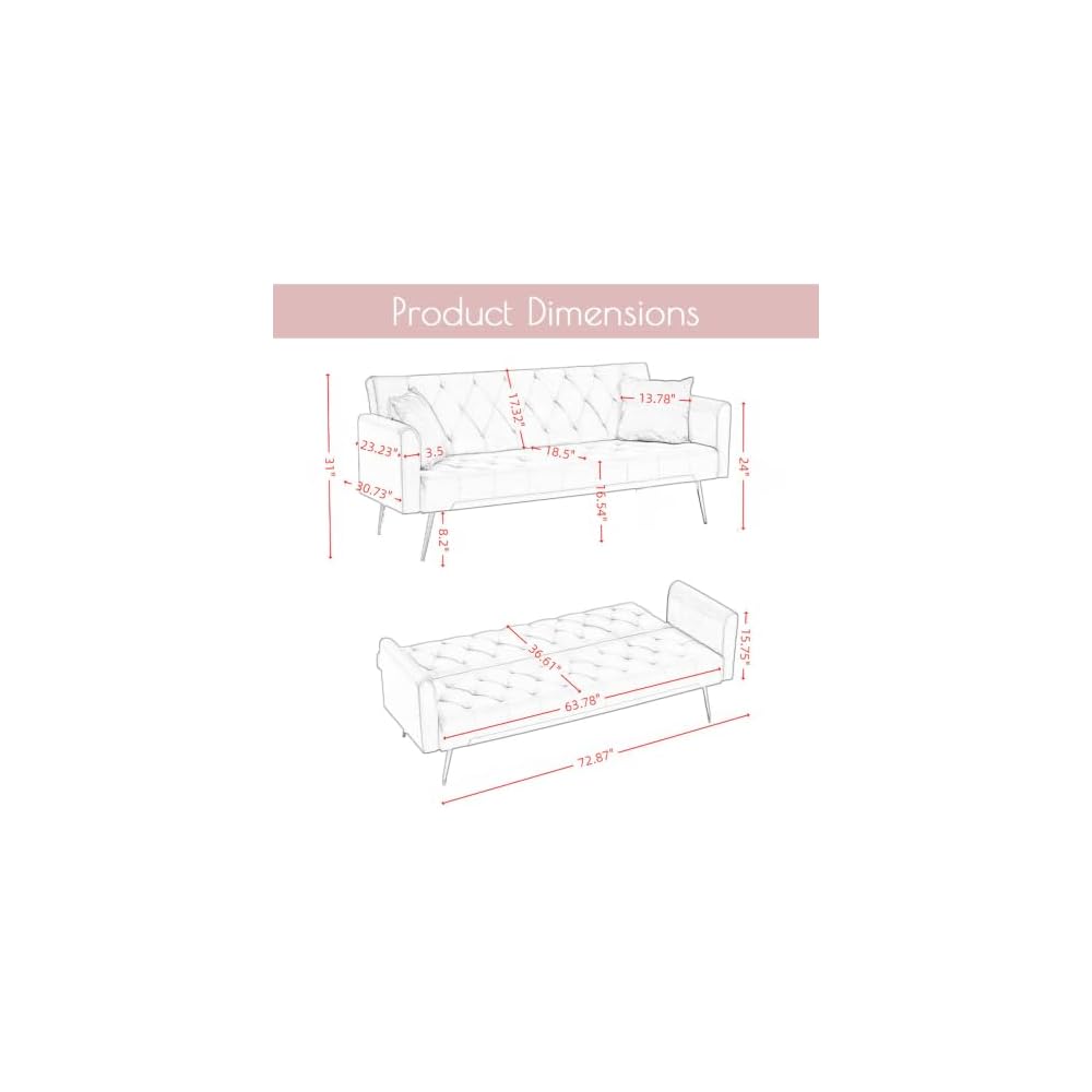 Velvet Convertible Futon Sofa Bed with 3 Adjustable Tufted Backrest，Pink