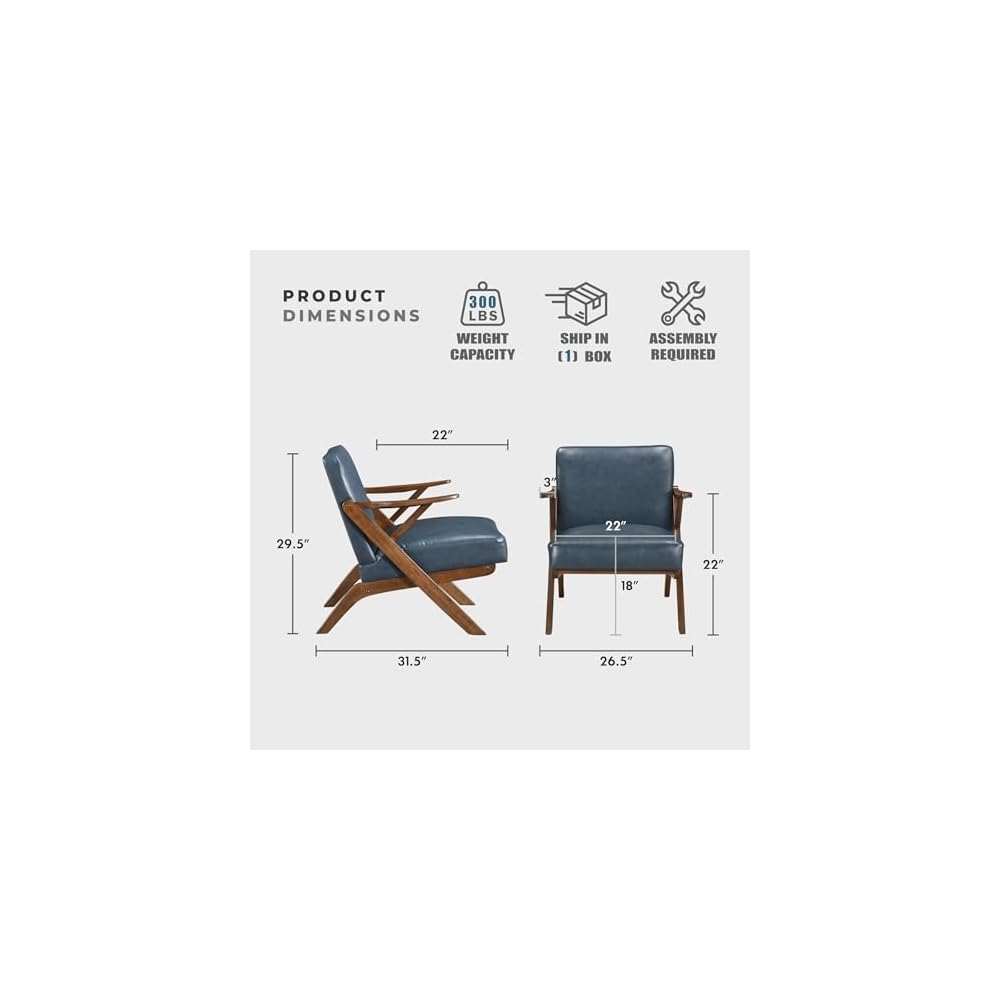 Lexicon Mid Century Modern Accent Chair, Faux Leather Upholstered Lounge Seat, Brown Finish Solid Wood Framed Comfy Side Chair for Living Room/Bedroom/Office/Waiting Area, Blue