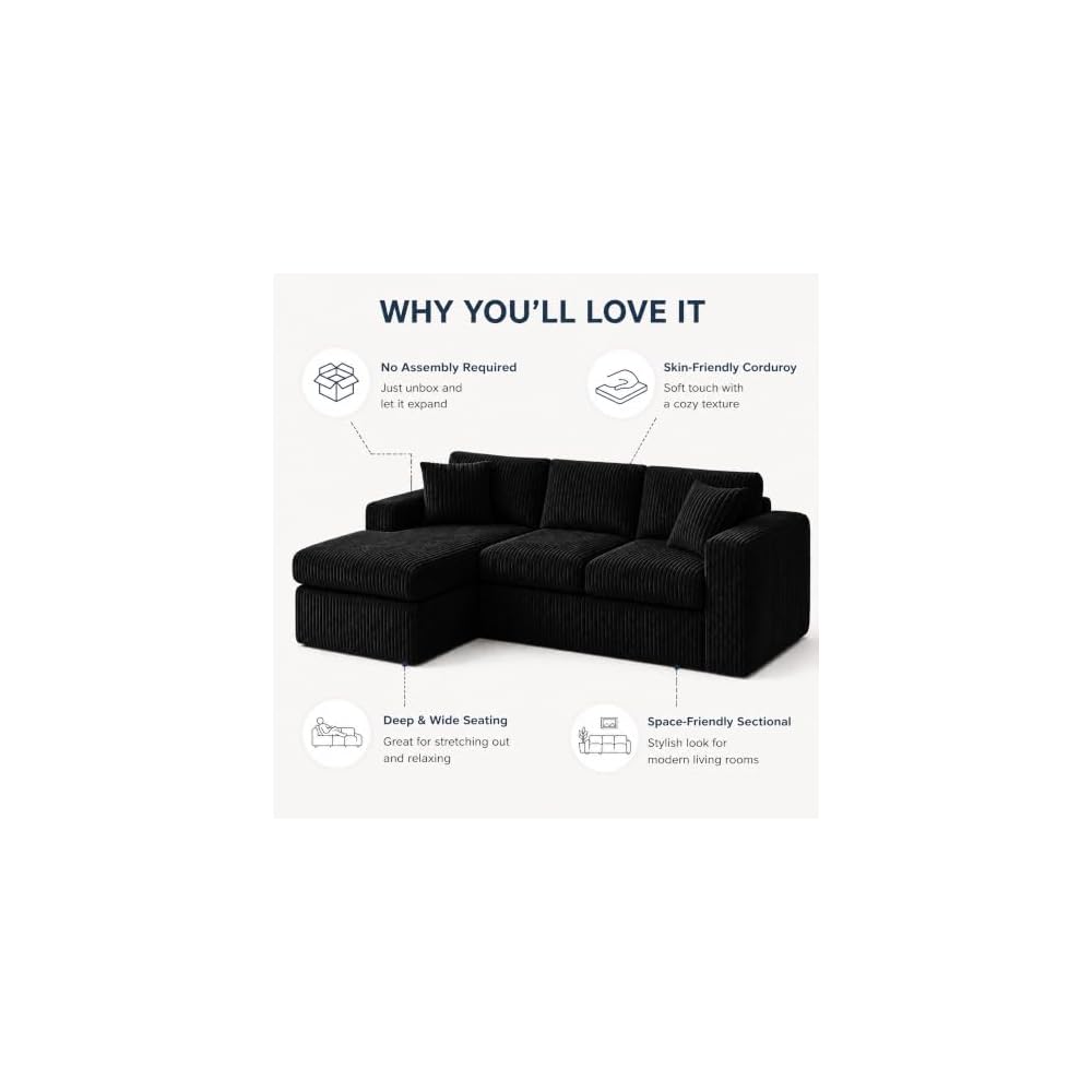 Nuturelly 103" Modular Sectional Sofa, No Assembly, Boneless Couch, Black