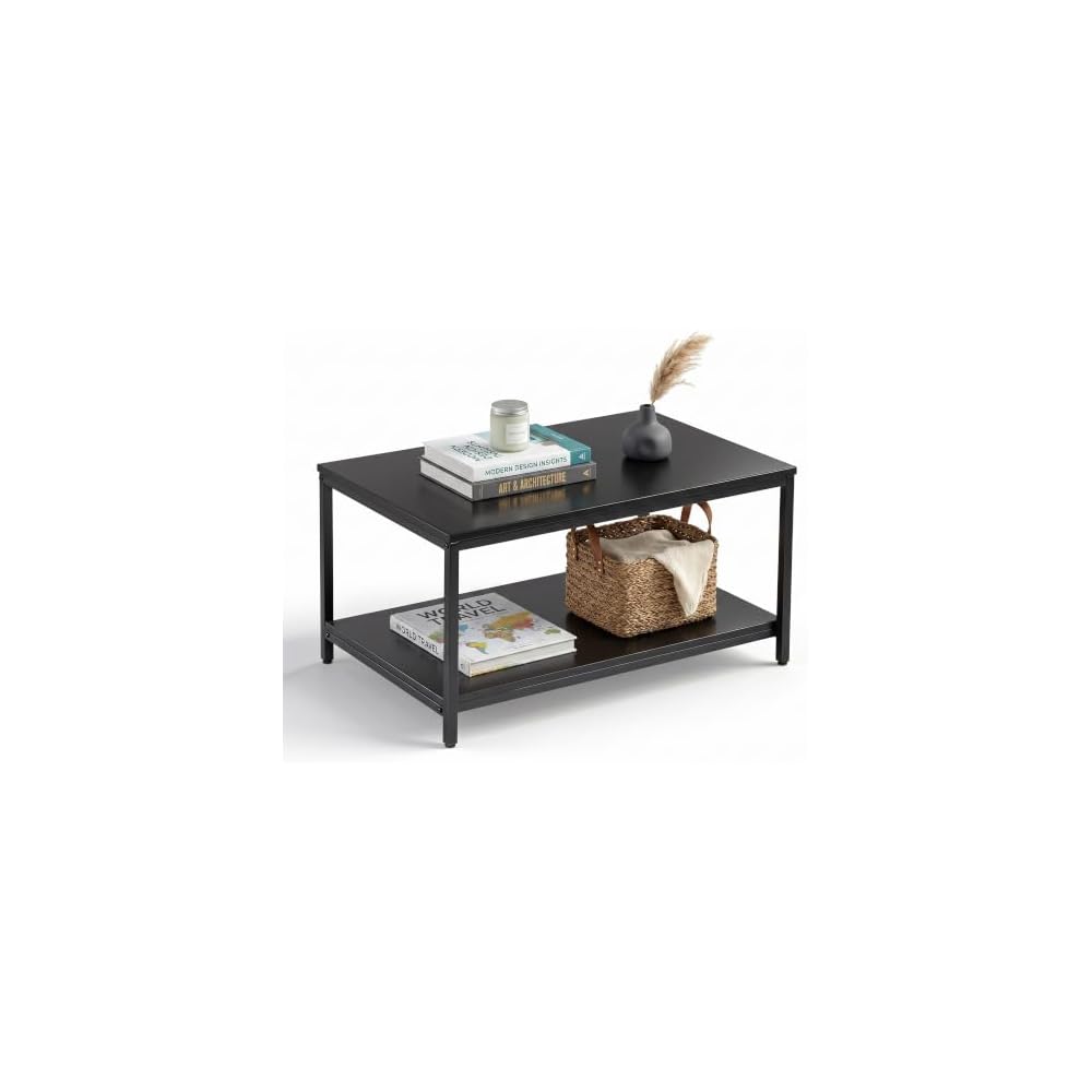 SUPER DEAL 2-Tier Industrial Coffee Table with Storage Shelf for Small Apartment Living Room, Rectangle Wood and Stable Metal TV Stand Side End Table, Rustic Brown
