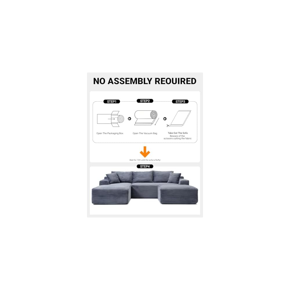 Boneless Sectional Couch, 108 Inch Modular Sectional Sofa with Deep Seat, Corduroy U-Shape Cloud Couches with Right Chaise for Living Room, No Assembly Required(Grey, Right Facing Chaise)