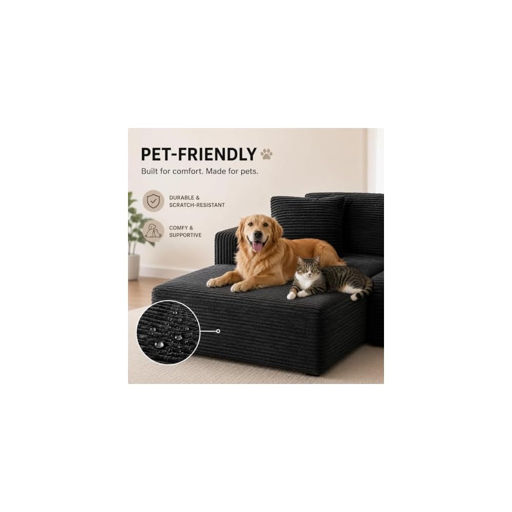 Nuturelly 103" Modular Sectional Sofa, No Assembly, Boneless Couch, Black