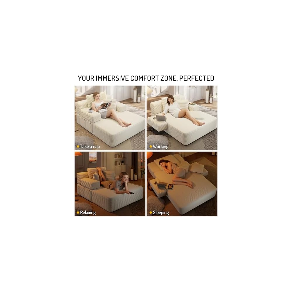 48.5'' Oversized Chaise Lounge Indoor, Corduroy Boneless Couch, Beige