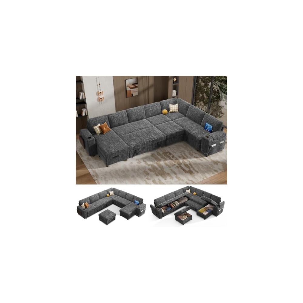 Vipbear 130" Modular Sectional Sleeper Sofa with Pull Out Bed, 9 Seat Chenille U Shaped Couch with Ottoman and Chaise|USB Ports|Cup Holders|Side Table, Tool Free Assembly, Grey