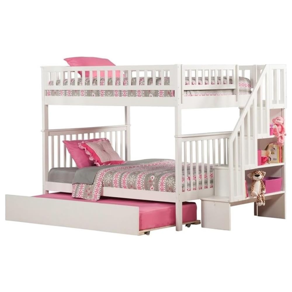 BOWERY HILL Traditional Solid Wood Full Over Full Bunk Bed with Trundle, White Finish, Mission Style, Sturdy Construction, Built-in Staircase Storage, Kid-Friendly Design, Ideal for Bedroom