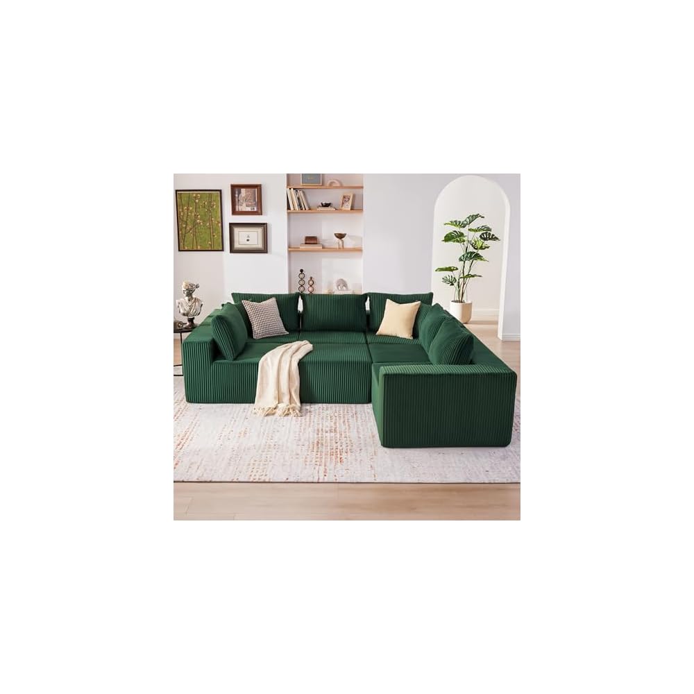 U-Shaped Boneless Couch, Cloud Couch Sectional, Modular Sofa with Deep Seat, Convertible Sectional Couches for Living Room, Plush Corduroy U Shaped Boneless Couch (Green, 6 Seater & 1 Ottoman)