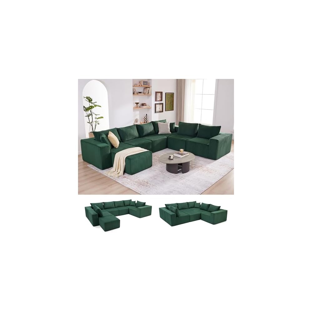 U-Shaped Boneless Couch, Cloud Couch Sectional, Modular Sofa with Deep Seat, Convertible Sectional Couches for Living Room, Plush Corduroy U Shaped Boneless Couch (Green, 6 Seater & 1 Ottoman)