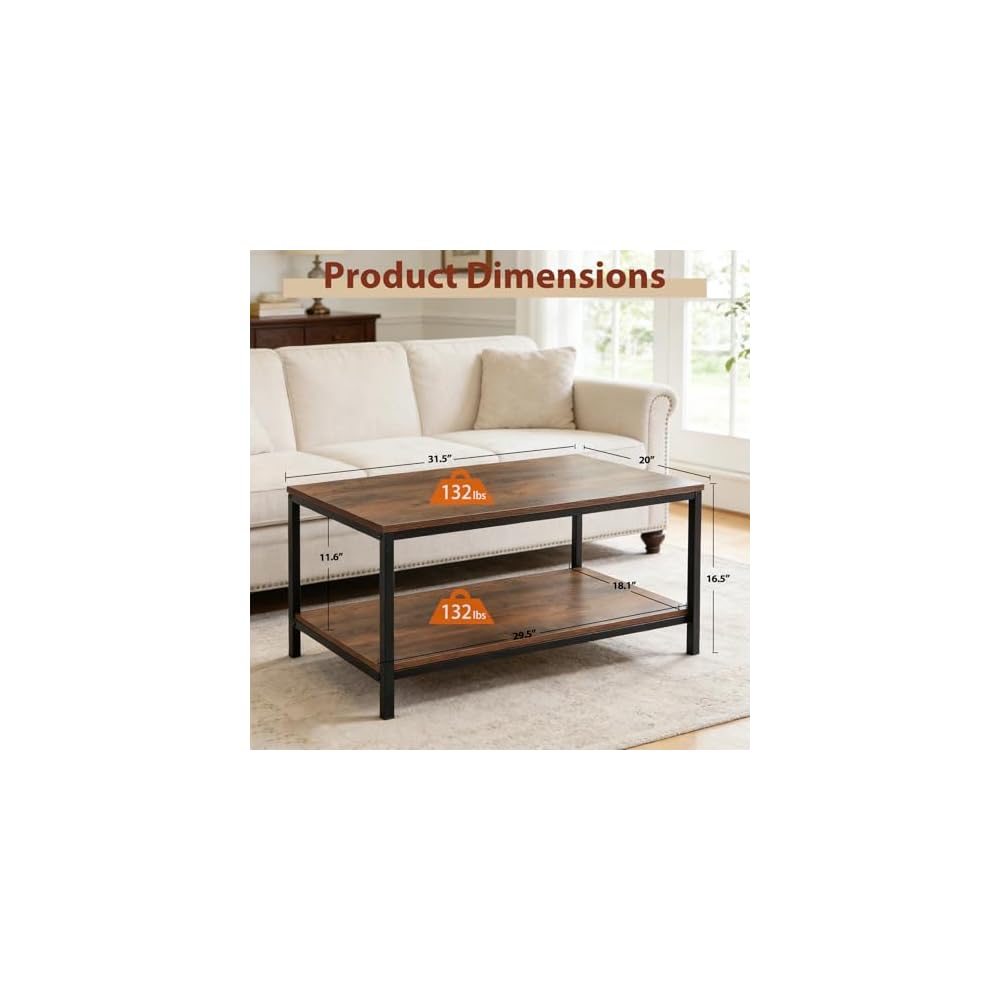 SUPER DEAL 2-Tier Industrial Coffee Table with Storage Shelf for Small Apartment Living Room, Rectangle Wood and Stable Metal TV Stand Side End Table, Rustic Brown