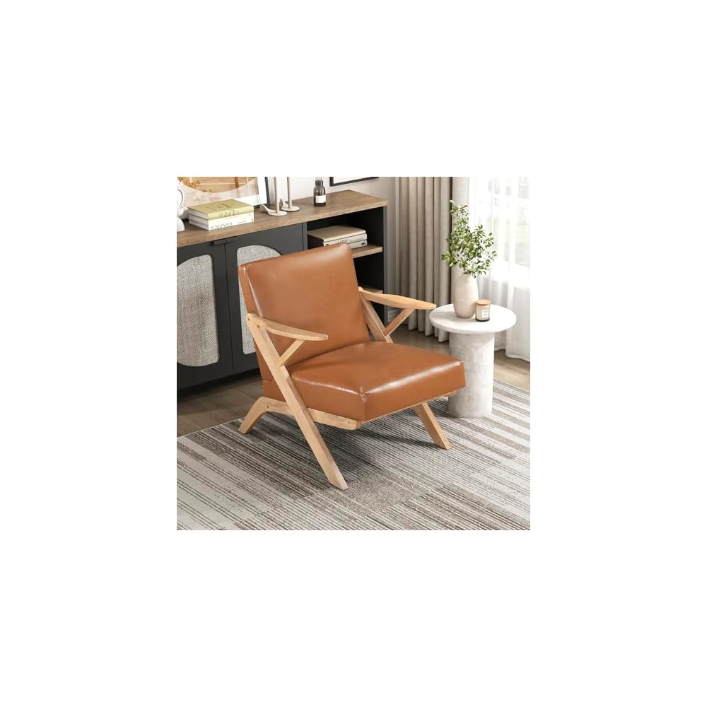 Lexicon Mid Century Modern Accent Chair, Faux Leather Upholstered Lounge Seat, Brown Finish Solid Wood Framed Comfy Side Chair for Living Room/Bedroom/Office/Waiting Area, Blue