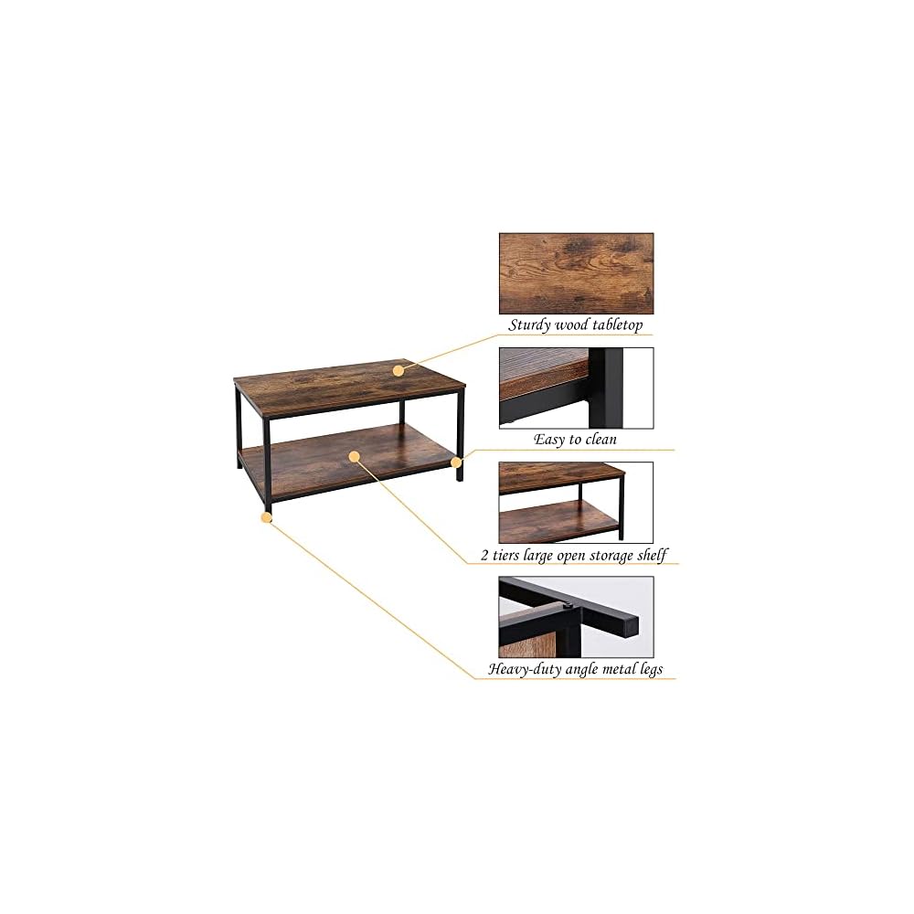 SUPER DEAL 2-Tier Industrial Coffee Table with Storage Shelf for Small Apartment Living Room, Rectangle Wood and Stable Metal TV Stand Side End Table, Rustic Brown