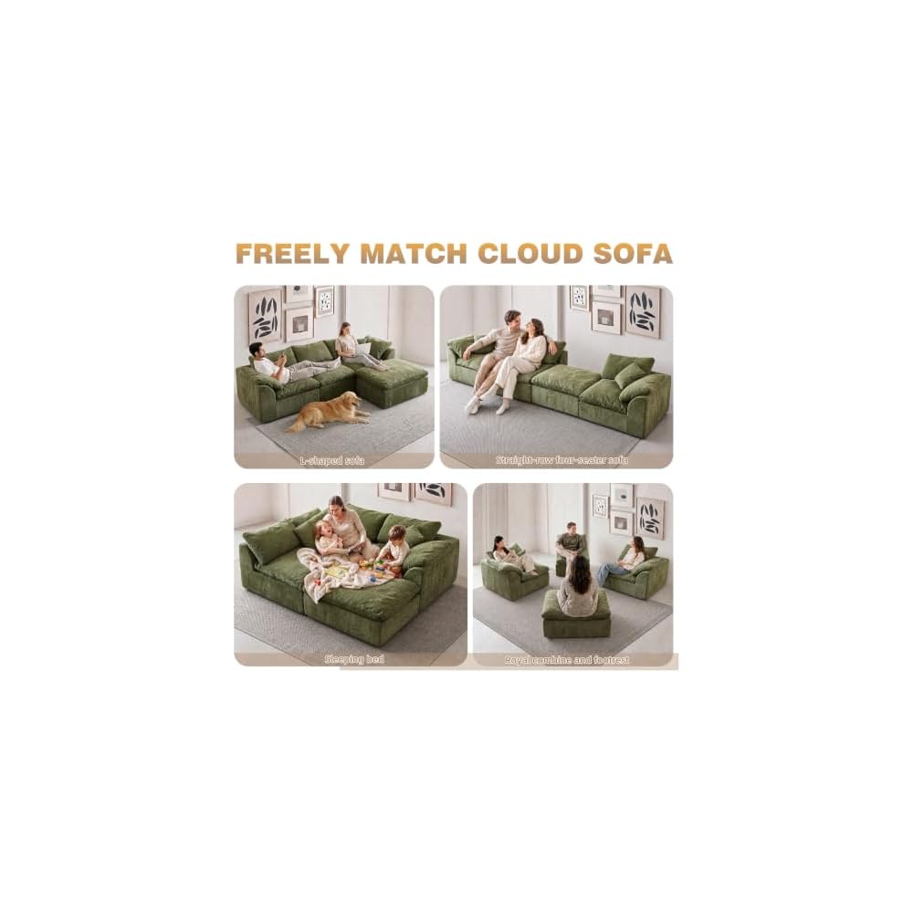 109" Modern Cloud Couches for Living Room, Deep Seat Convertible L-Shape Boneless Couch with Ottoman, Oversized Comfy 3-Seater Couch Chenille Fabric Compressed Sofa Modular Sectional Sofa, (Green)