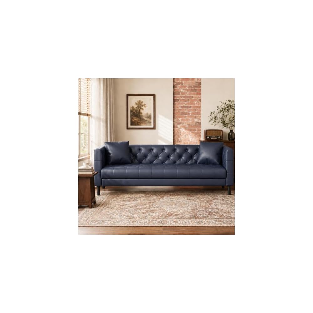 GAOMON 81" Faux Leather Couch,3 Seater Chesterfield Sofa,Button Tufted,Blue