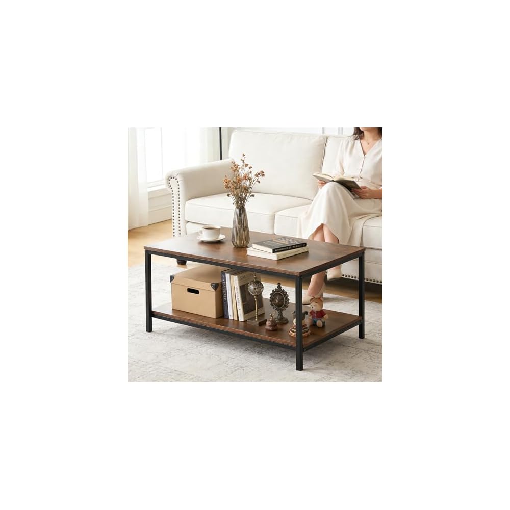 SUPER DEAL 2-Tier Industrial Coffee Table with Storage Shelf for Small Apartment Living Room, Rectangle Wood and Stable Metal TV Stand Side End Table, Rustic Brown