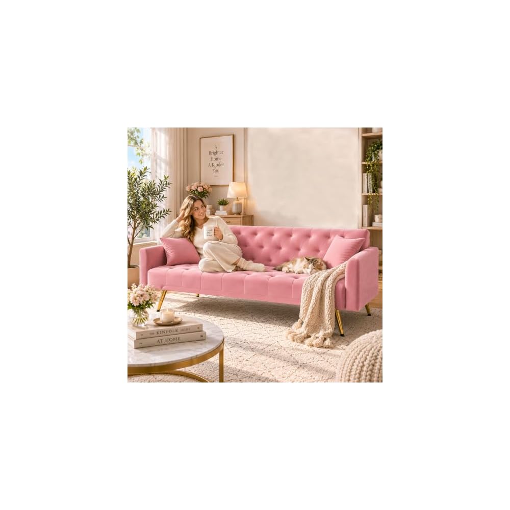 Velvet Convertible Futon Sofa Bed with 3 Adjustable Tufted Backrest，Pink