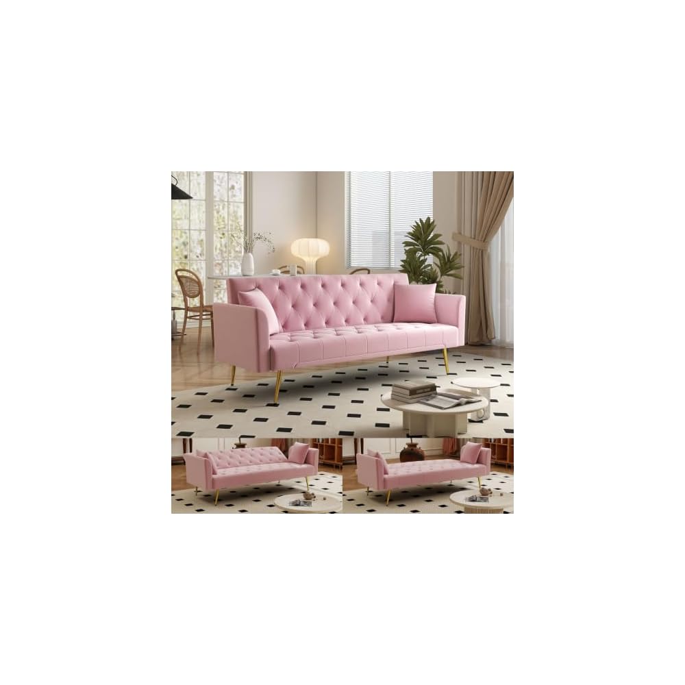 Velvet Convertible Futon Sofa Bed with 3 Adjustable Tufted Backrest，Pink