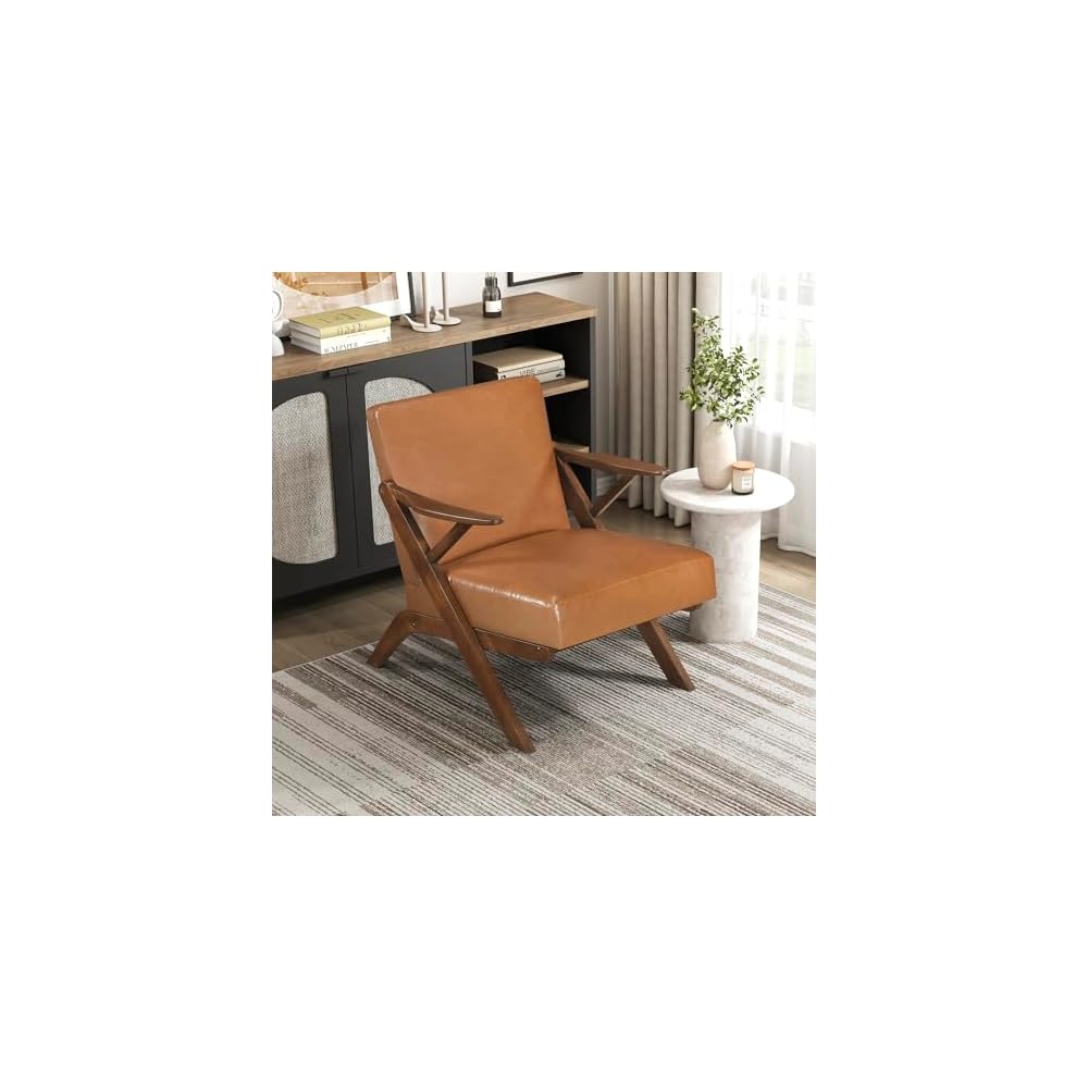 Lexicon Mid Century Modern Accent Chair, Faux Leather Upholstered Lounge Seat, Brown Finish Solid Wood Framed Comfy Side Chair for Living Room/Bedroom/Office/Waiting Area, Blue