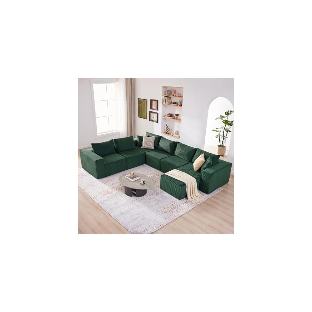U-Shaped Boneless Couch, Cloud Couch Sectional, Modular Sofa with Deep Seat, Convertible Sectional Couches for Living Room, Plush Corduroy U Shaped Boneless Couch (Green, 6 Seater & 1 Ottoman)